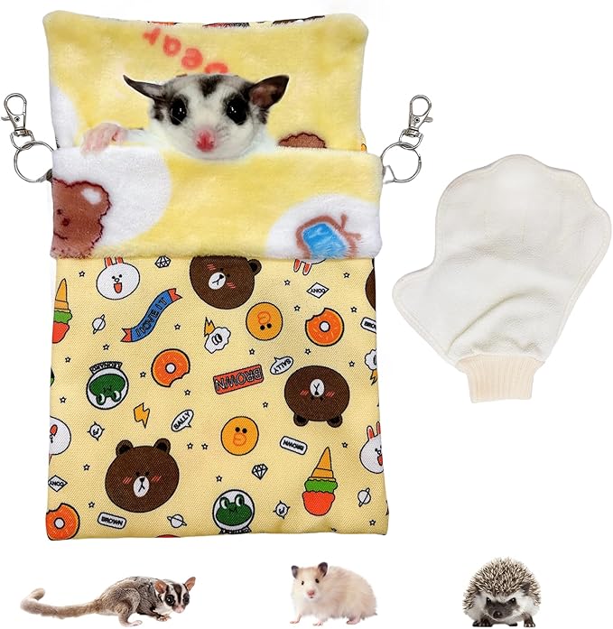 Sugar Gliders Sleeping Pouch Bag Hamster Cotton Hanging Flannel Warm Bed Hideout with Hooks Glove Small Pet Nest Bed for Squirrel Rat Hedgehog,Yellow