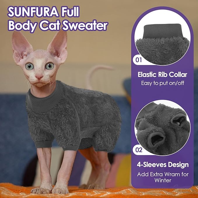 SUNFURA Sphynx Hairless Cat Sweater, Full Body Warm Fleece Sweaters with Sleeves for Cats, Soft Turtleneck Cat Clothes, Cozy Pullover Pajamas for Hairless Cats Devon, Donskoy & Small Dogs, Grey M
