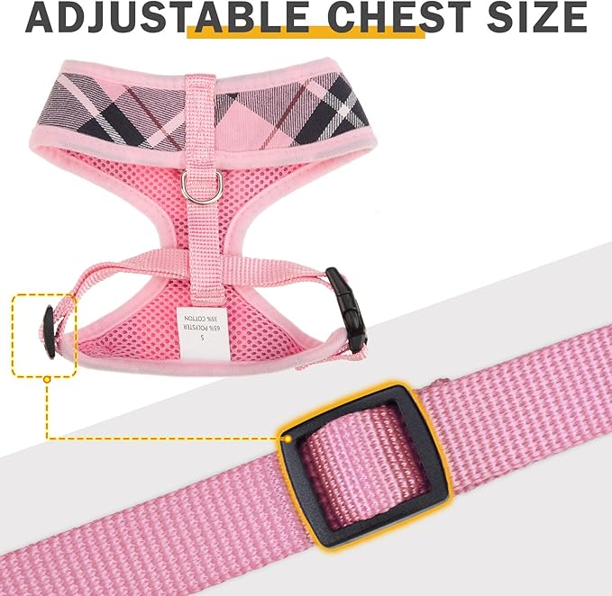 SCENEREAL Puppy Dog Harness with Leash Set for Small Medium Sized Dogs, Soft Mesh Step in Pet Harnesses and Leash, No Chock Plaid Adjustible No Pull Vest for Dogs Cats, Chihuahua,Bulldog (Pink M)