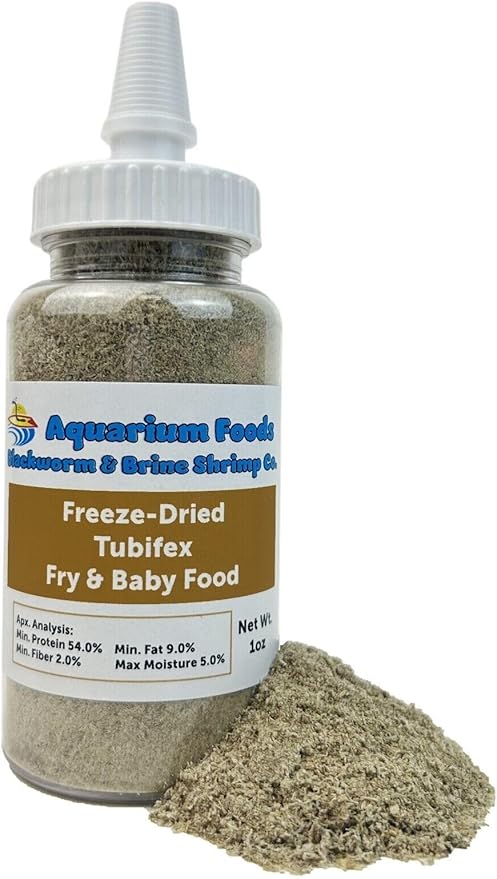 Aquatic Foods Inc. Tubifex Worm Powder Fry & Baby Food, for Freshwater Fish, Marine Fish, Baby Pond Fish, Corals, Anemones, All Tiny Nano Fish, Fry and Babies…1oz Med Squeeze Bottle