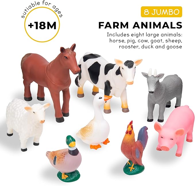 Learning Minds Set of 8 Jumbo Farm Animal Figures - Farm Animals for Toddlers Age 1-3 - Farm Toy for Kids Age 18 Months Plus - Animal Toys for Kids 1,2,3 Years Old