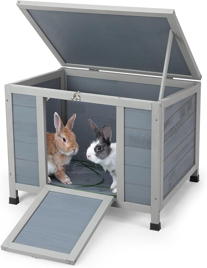 COZIWOW 24in Wooden Cat House Outdoor & Indoor Pet Shelter with Foldable Ramp - Weatherproof Rabbit Hutch with Unique Machine-Printed Art Designs for Cat, Rabbit, Guinea Pig (Grey)