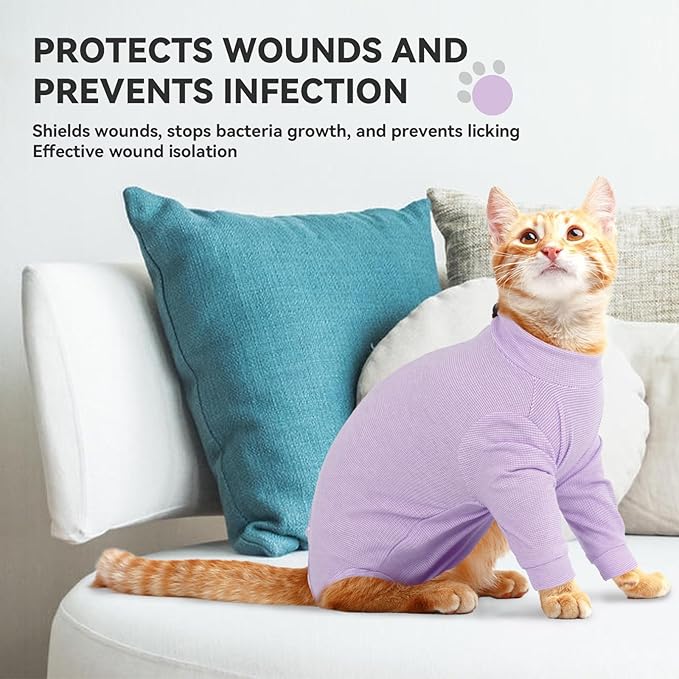 Cat Onesie for Cats After Surgery Male Female, Breathable & Soft Fabric Cats Spay Recovery Suit, Cone Alternative Surgical Suit with Leg Sleeves to Stop Licking, Cat Wound Care Shirt Wear(Purple, M)
