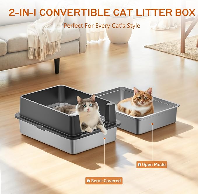 Stainless Steel Litter Box - 28" Extra Large XXXL Cat Litter Box with High Sides, Non-Sticky & Anti-Leakage for Big Cats/Multiple Cats, Includes Heavy Duty Metal Scoop (Black)