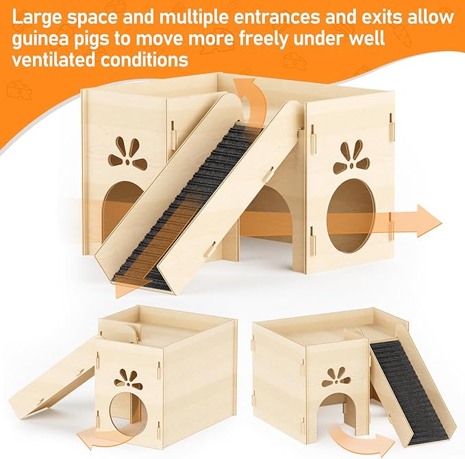 Guinea Pig Hideout House, Basic Large Wooden Hamster House with Climbing Ladder & Multi-Holes, Bunny Castle Tower Toy for Guinea Pig Chinchilla Gerbil Hedgehog Small Animal House Habitat Hut