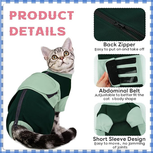 Anxiety Relief Catsuit, Color Blocking Cat Clothes, Adjustable Calming Onesie for Separation, Vet Visit, Thunderstorms, Fireworks, Travelling, Anti-Anxiety Wrap for Cats, Green Large