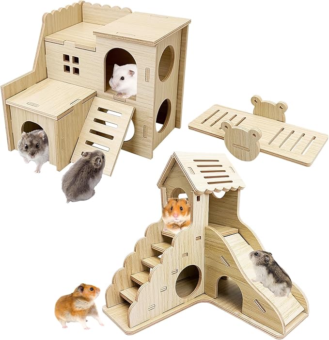 BNOSDM Wood Hamster House Dwarf Hamster Natrual Hideout with Ladder Gerbils Climbing Exploring Seesaw Toys Cage Accessories for Syrian Hamsters Mouse Mice