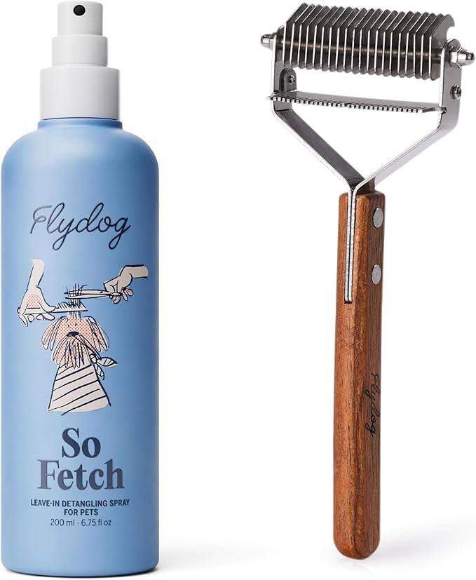 FlyDog Detangler Combo for Dogs & Cats – Leave-in Hair Detangler Spray for Tangle-Free Grooming & Tailored Comb for Dematting & Deshedding | Coat Conditioner | Deodorizing & Long-Lasting Freshness