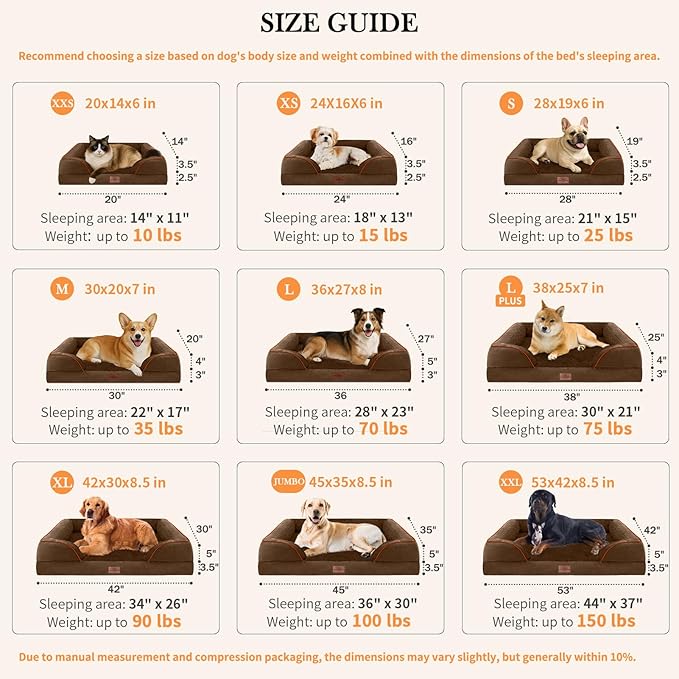 Comfort Expression Large Dog Beds Waterproof Orthopedic Foam Dog Sofa Beds Comfy Pet Bed with Washable Removable Cover & Non-Slip Bottom(Large,Chocolate Brown)
