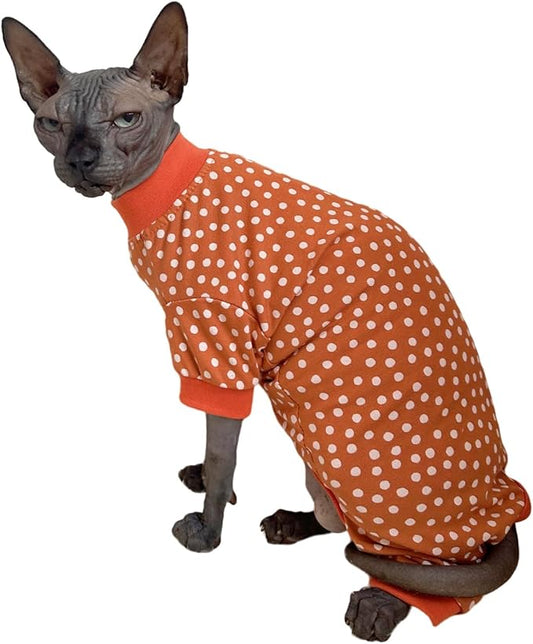 Sphynx Cat Four Leg Cotton Pajamas Elastic Pet Clothes for Hairless Cats Surgery Recovery Suit Undershirt Thermal Clothes for Sphynx, Devon, Cornish (White Dots, XL)
