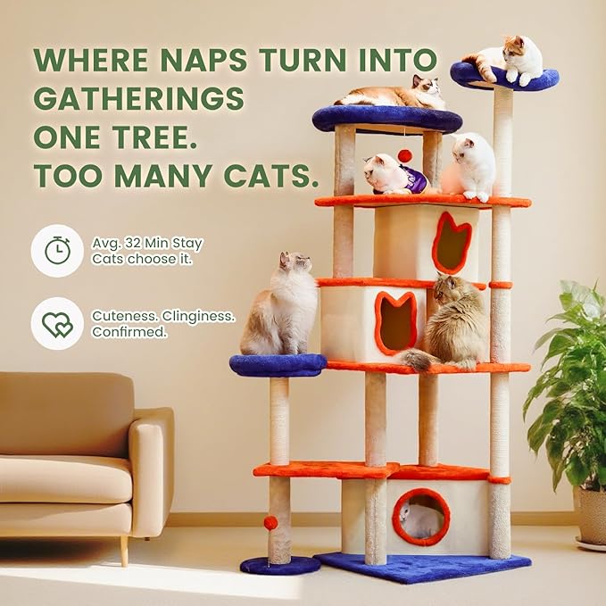 74IN Cat Tree Tower for Indoor Cats, Multi-Level Cat Condo with 3 Houses, Sisal Scratching Posts, Plush Perches, Jump Platforms and Hanging Ball Toy, Cat Furniture for Multi-Cat Family