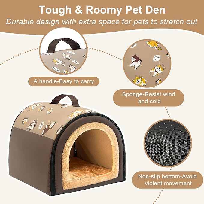 Jiupety Cozy Small Pet Dog House, 2 in 1 Puppy House, S Size for Cat and Puppy, Warm Cave Sleeping Nest for Cats and Dogs, S(14"×12"×11"), Up to 5 Lb, Brown