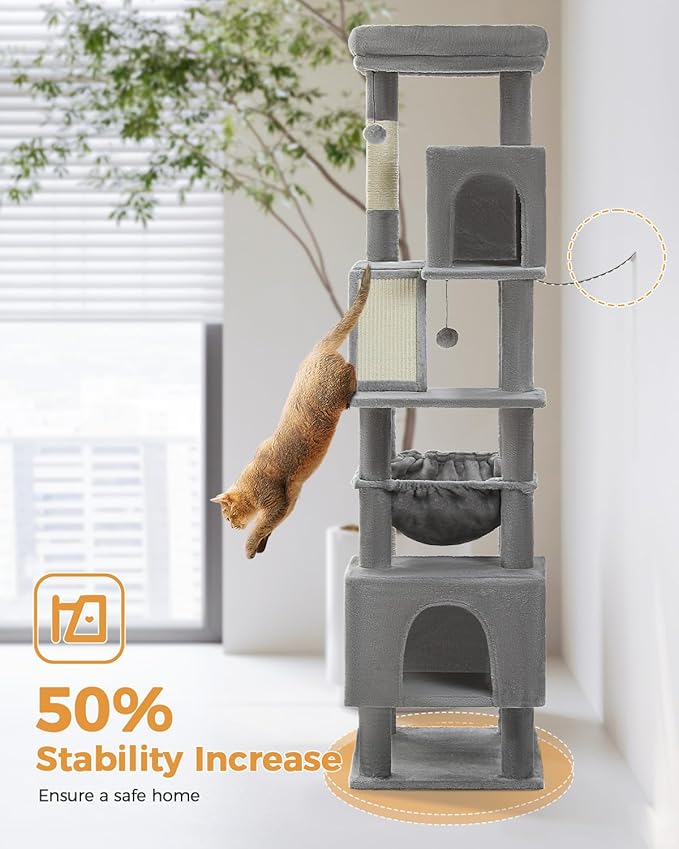 71" Tall Cat Tree for Large Cat 20 lbs with Super Large Hammock, Heavy Duty Cat Tower with 4 Sisal Scratching Posts & 2 Spacious Condos for Big Adult Cats Maine Coon-Grey