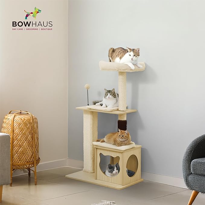 42” Wooden Cat Tree Tower for Indoor Large Cats & Kittens, Modern Tall Cat Climbing Tree w/Cave Condo, Scratching Posts, Perch, Multi-Level Cat Tower w/Interactive Ball & Detachable Cushion