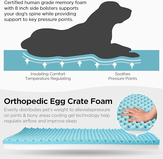 Orthopedic Dog Bed, Bolster Dog Sofa with Removable Cover, Cooling Pad Memory Foam Couch, Pain Relief Pet Bed (Grey, 40x31x11 inch)