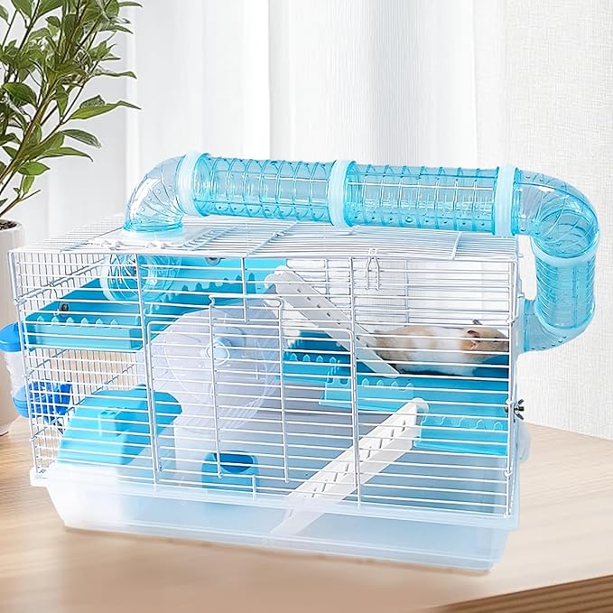 Tfwadmx Dwarf Hamster Cage Small Hamster Habitat Mouse Home Small Animal Cage with Tube Exercise Wheel Hut Rat Habitat for Gerbils Mice 18.5“x11.8”x11.8“ Transparent/Blue