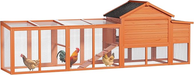 113.5" Large Wooden Chicken Coop with Run – Outdoor Hen House for 2-4 Chickens, Waterproof Roof, Nesting Box, Ramp & Perch, Predator-Proof, Removable Tray, Secure & Durable Natural