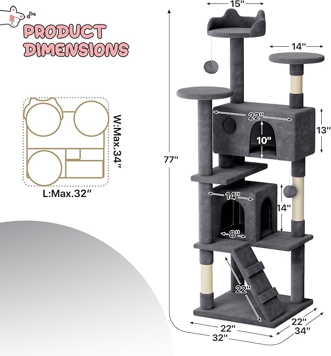 MoNiBloom Cat Tree, 77 Inch Cat Tree Tower with 2 Condo, Tall Cat Tower with Scratching Post, Cat Climbing Tower, Cat Tree for Indoor Cats, Smoky Grey