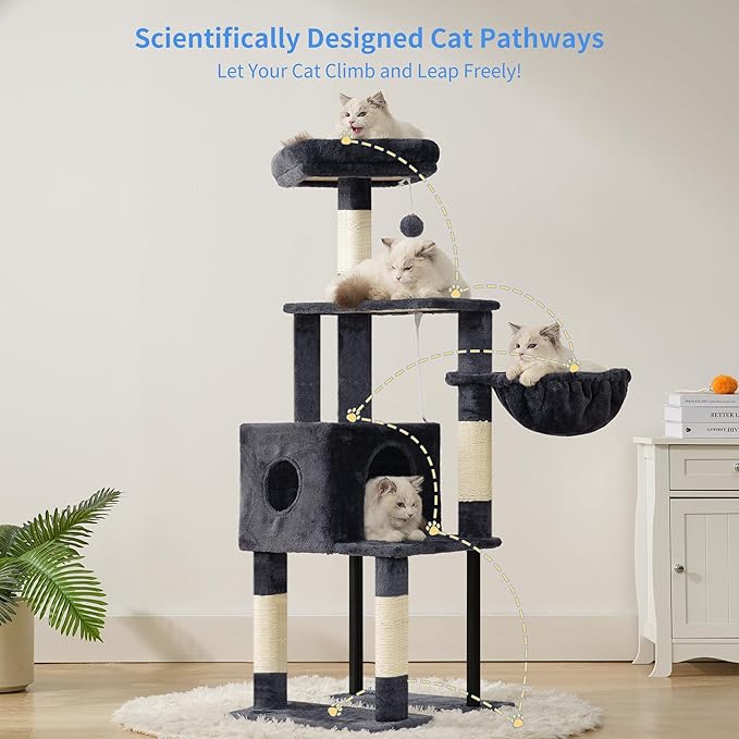 Heybly Cat Tree, 49.2 Inches Cat Tower for Indoor Cats, Spacious Cat House Condo with Hidden Space，Sturdy Steel Tube，Soft Plush Top Perch，Cozy Hammock and Sisal Scratching Posts, Smoky Gray HCT200SG