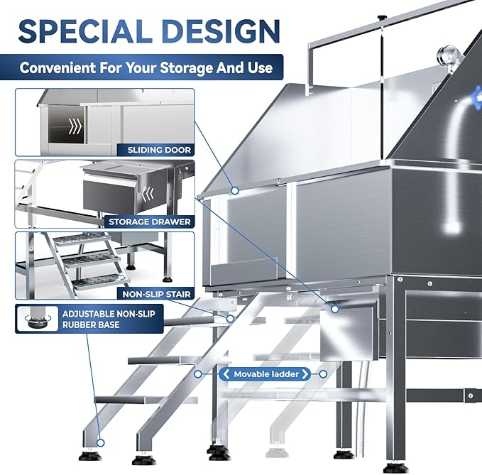Dog Washing Station for Home,Professional 46" Stainless Steel Dog Bathing Station Height Adjustable Dog Wash Station Dog Grooming Tub Ramp, Drawer, Floor Grate & Fauct (Left Stair)