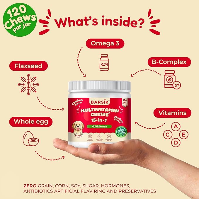 Dog Multivitamin, chewable multivitamin for Dogs, Supplements for Hip & Joints, Skin & Coat, Omega 3 Oil for Immune, Heart & Digestive Health, Senior & Puppy Multivitamin - Chicken Flavor - 120ct