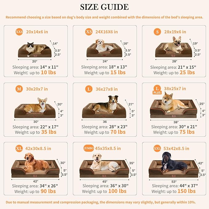 Comfort Expression Jumbo Dog Bed for Extra Large Dogs, Waterproof Orthopedic Dog Beds, PV Washable Sofa Bed, Large Breed Dogs Beds with Removable Cover & Non-Slip Bottom(Jumbo,Brown)