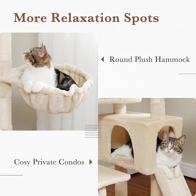 PAWZ Road Cat Tree, 60 Inches Cat Tower with Dual Condos, Spacious Perch, Cozy Basket and Sisal-Covered Scratching Posts for Indoor Cats- Beige