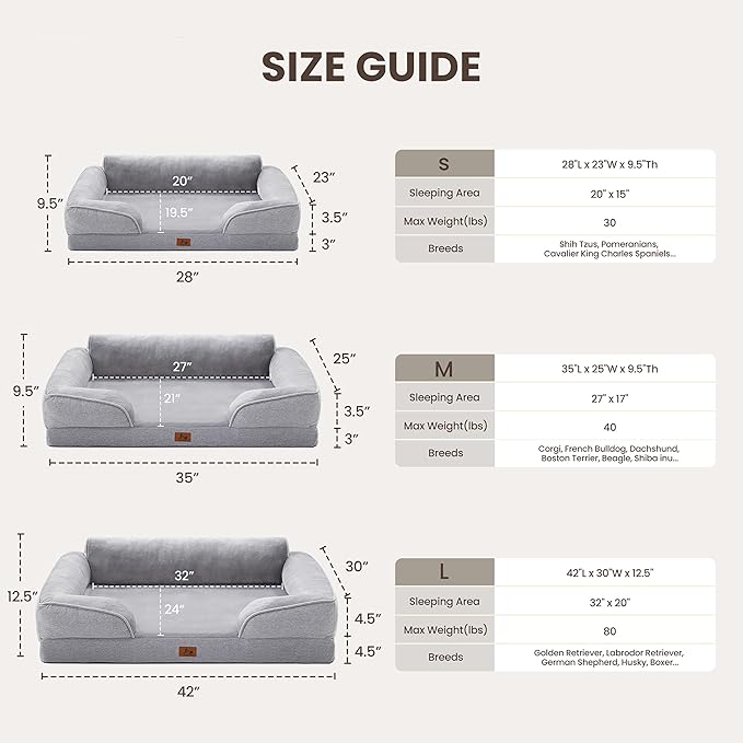 Orthopedic Dog Beds for Large Sized Dogs, Waterproof Egg-Crate Foam Pet Couch Bed with Soft Side, Non-Slip Dog Sofa with Flannel Removable Washable Cover, 35"L Supportive Pet Sofa, Light Grey