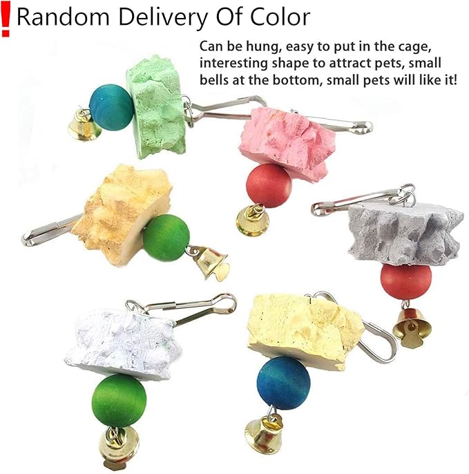 Bird Grinding Beak Calcium Stone with Bell,Rat Mineral Lava Block Trimming Teeth Chewing Toys for Chinchilla Bunny Budgie Cockatiel Parakeet Parrot 6-Pcs(Random Delivery of Color)