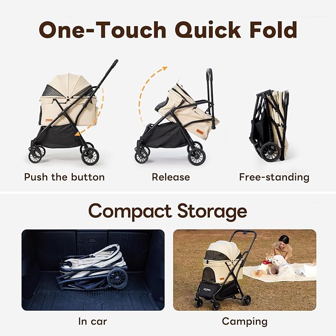 Foldable Pet Stroller,4 Wheels Pet Strolling Cart for Small Dogs Cats up to 44 Lbs, Pet Travel Carrier Strolling Cart with Storage Basket, Portable Dog Cat Stroller with Breathable Mesh, Khaki