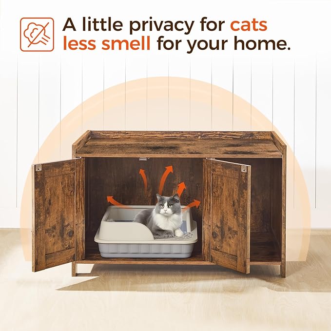 Cat Litter Box Enclosure, Hidden Litter Box Furniture with Divider, Indoor Cats House, Wooden Cat Washroom Storage Cabinet Bench, Side End Table Nightstand, Rustic Brown CWHR2501Z