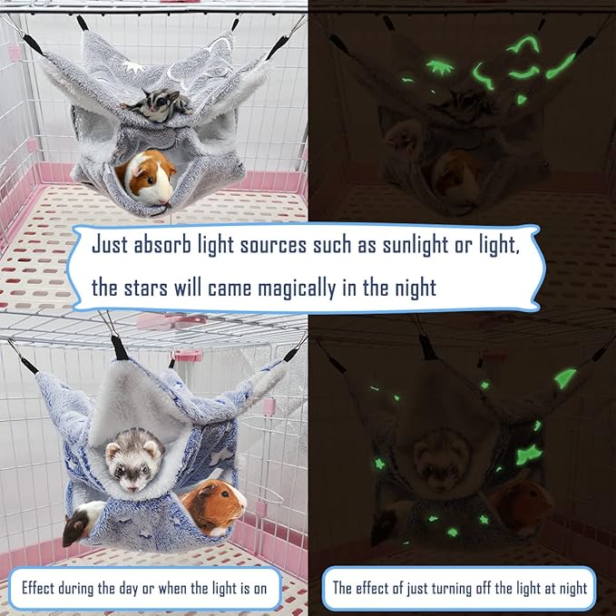 LEFTSTARER Noctilucent Luminous Guinea Pig Rat Hammock Hanging Triple-Layer Hammock Bedding for Ferret Hedgehog Squirrel Hideout Cage Accessories (Cloud)