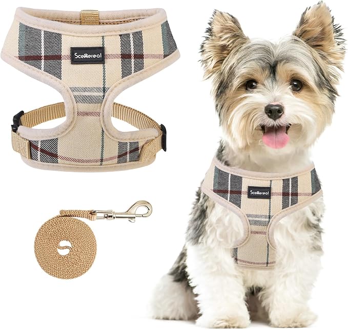 SCENEREAL Puppy Dog Harness with Leash Set for Small Medium Sized Dogs, Soft Mesh Step in Pet Harnesses and Leash, No Chock Plaid Adjustible No Pull Vest for Dogs Cats, Chihuahua,Bulldog (Beige S)