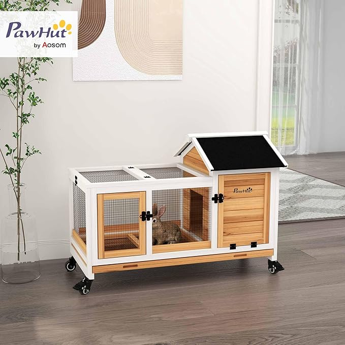 PawHut Indoor Outdoor Wooden Rabbit Hutch with Wheels, Large Bunny Hutch with Run & Slide-Out Tray for Small Animals, Guinea Pig, Yellow