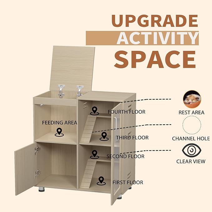 Guinea Pig Cages,4-Tier Hamster Cage Wood with Storage Cabinet, House for Rat Chinchilla, Openable Top, Acrylic Windows, Living World Deluxe Habitat X-Large (Teak+Wood, 33.5 inch)