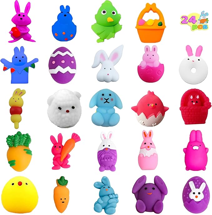 24Pcs Easter Mochi Squishy Toys Stress Relief Squishies for Kids Boys Girls Toddlers Easter Basket Stuffers Egg Fillers Gifts Party Favors