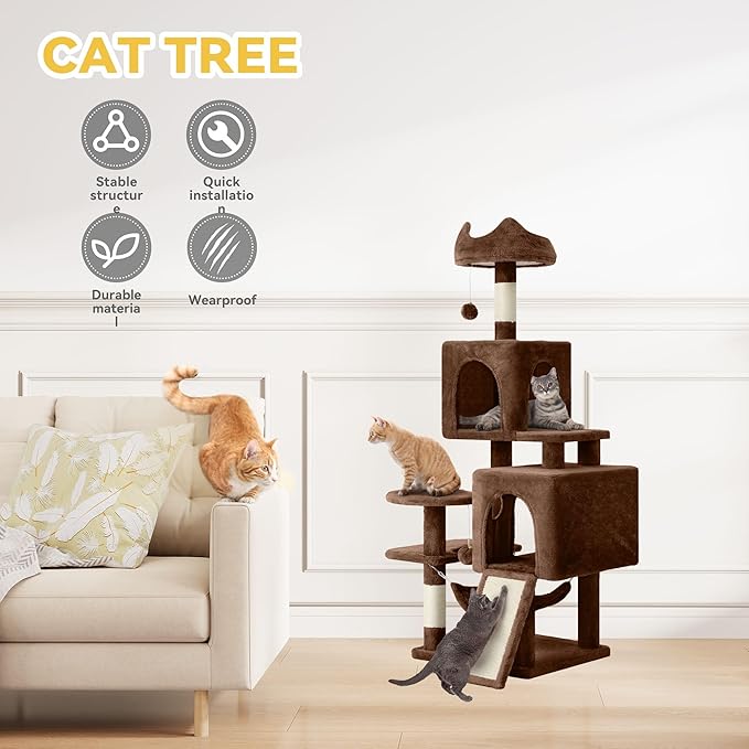 DWVO 54 in Multi-Level Cat Tower: Cats Tree for Indoor Kittens, Pet Furniture with Kitty Condos, Sisal Scratching Posts, Plush Perches, Cozy Hammock, Brown