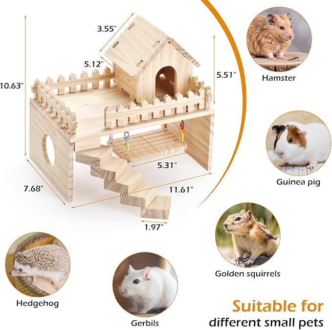 Wooden Hamster Hiding Place, Hamster Cabin with Ladder, Swing Platform Decoration, Detachable Small Animal cage Accessories, Suitable for mice, Sand Rats and Other Small Pets
