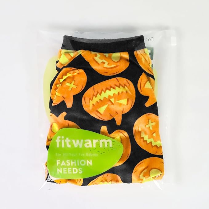 Fitwarm Halloween Pumpkin Dog Pajamas, Funny Dog Winter Clothes for Small Dogs Girl Boy, Pet Jumpsuit, Cat Halloween Costumes with Feet, Lightweight Velvet, Black, Orange, Medium