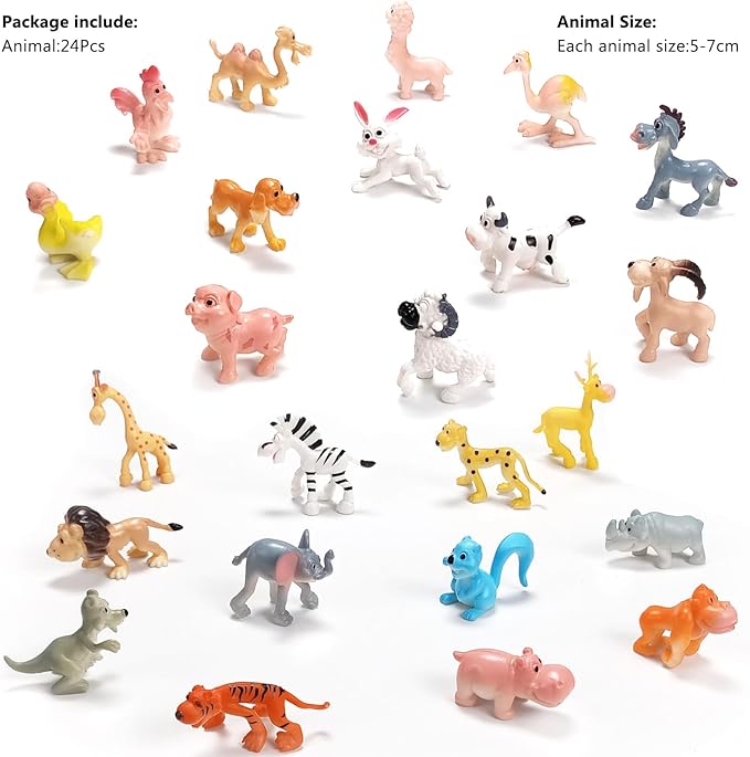 PINOWU Cartoon Animals 24pcs, Mini Wild Animals Toys Kit, Jungle Animal Figures Set - Tiger Lion Hippo Sheep Deer Duck for Children Party Favors Classrooms Rewards Birthday Gift Educational Toy