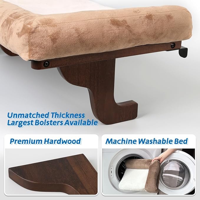 Zakkart Cat Perch for Window Sill with Bolster - Orthopedic Hammock Design with Premium Hardwood & Robust Metal Frame - Cat Window Seat for Large Cats and Kittens - Dark Stained Wood with Brown Bed