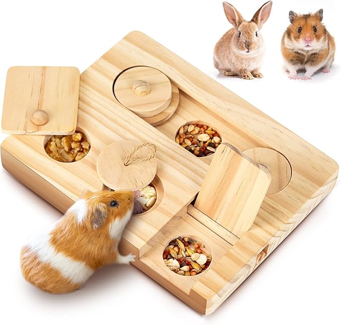 Guinea Pig Foraging Toys, 6 in 1 Hamsters Wooden Interactive Enrichment Toys, Treat Dispenser for Small Animal, for Rabbits, Bunny, Chinchillas, Rats and Gerbils