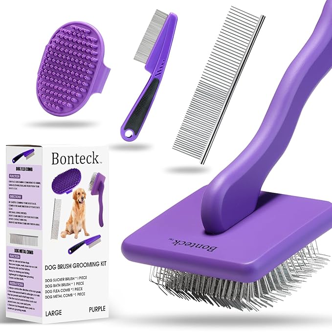 Dog Slicker Brush for Dogs Grooming Kit 4PCS | Large Dog Brush for Goldendoodles Poodles Doodles | Long Pin Haired Brush | Poodle Brushes and Comb (Purple)