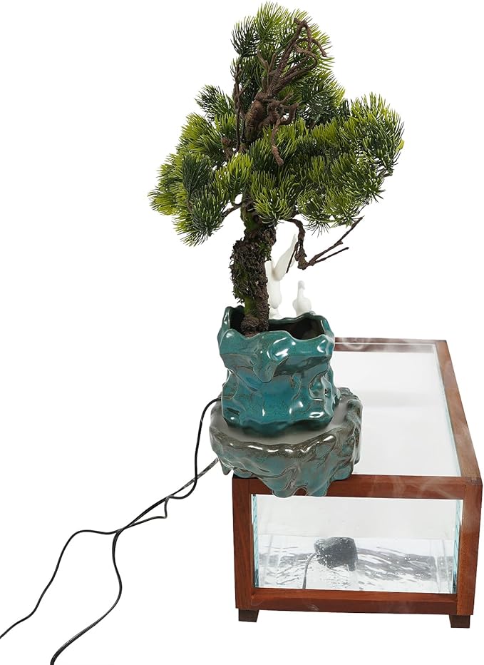Antique-Style Tabletop Water Fountain with Fish Tank & Atomizer - Desktop Decor with Crane Statues, Simulated Pine, LED Light & Feng Shui Symbolism for Indoor Home/Office Decoration