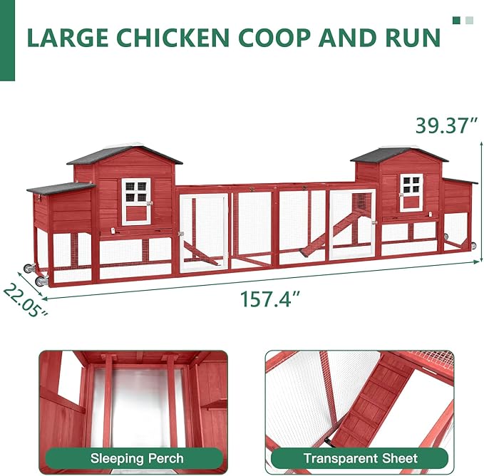 158" L Large Chicken Coop with Run, Chicken House with Nesting Boxes, Wheels, Outdoor Mobile Hen Chicken Coop Poultry Cage with Removable Tray, Ramp (Red)