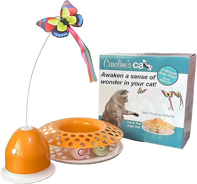 Caroline's Cats Automatic Butterfly Cat Toy – Interactive 2 in 1 with Auto Shut Off & Catnip Ball Track; Recommended Electric Exercise & Enrichment Game