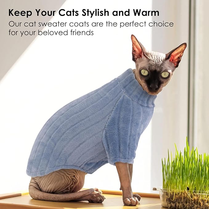 SUNFURA Sweaters for Cats, Hairless Sphynx Sweater Kitten Pullover with Sleeves, Warm and Soft Cat Pajamas Fleece Sweatshirt Jumpsuit, Turtleneck Clothes for Fall Winter, Blue M