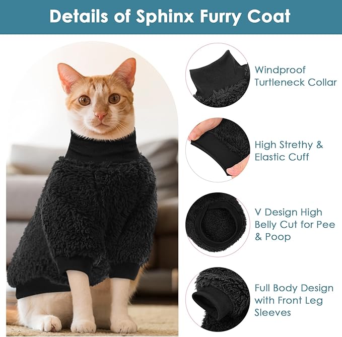 SUNFURA Sphynx Cat Sweater, Hairless Cats Turtleneck Pullover Kitten Sweaters for Cats Only, Warm and Soft Cat Pajamas Shirt with Sleeves Pet Winter Clothes Fleece Jumpsuit for Puppy, Black S