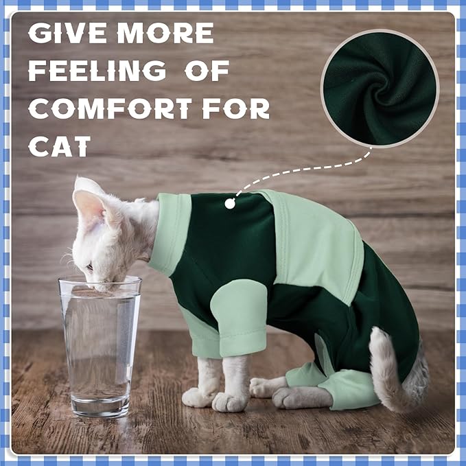 Anxiety Relief Catsuit, Color Blocking Cat Clothes, Adjustable Calming Onesie for Separation, Vet Visit, Thunderstorms, Fireworks, Travelling, Anti-Anxiety Wrap for Cats, Green Large