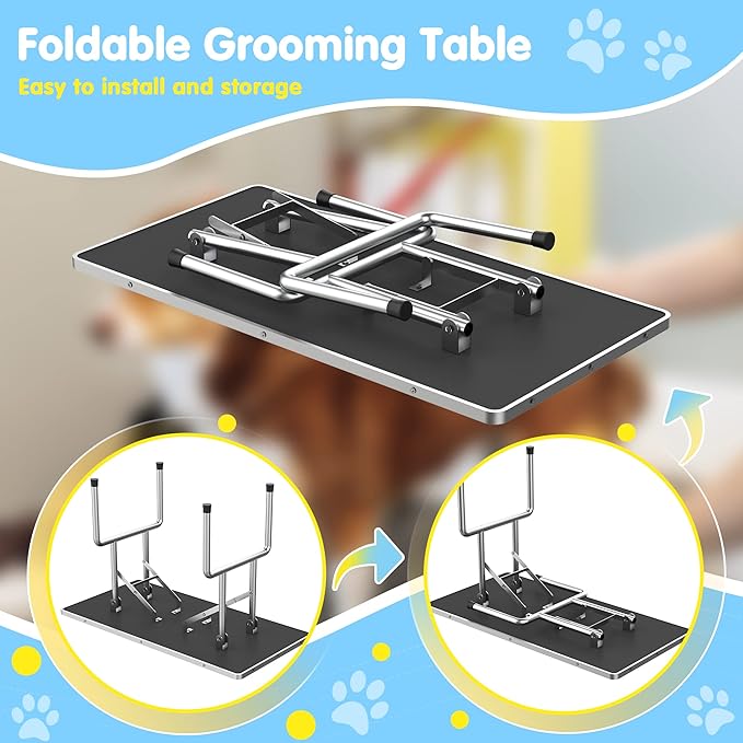 36''Large Dog Grooming Table, Adjustable Cat Drying Desktop with Arms, Nooses, Mesh Tray, Foldable Pet Station at Home, Maximum Capacity Up to 330Lb, 36inch, Black